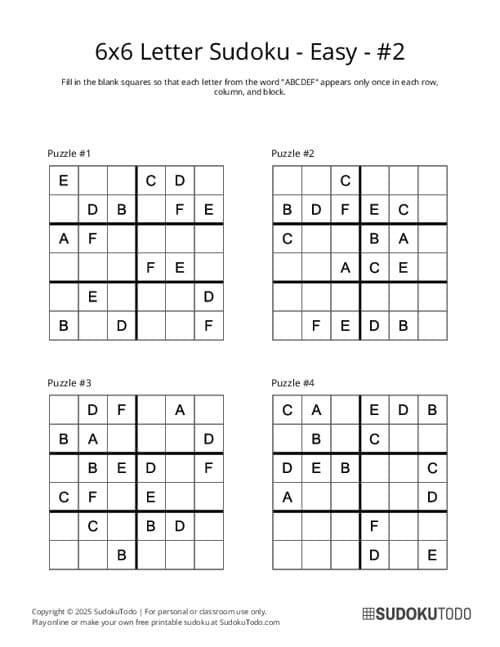 Free Printable Letter Sudoku Puzzles