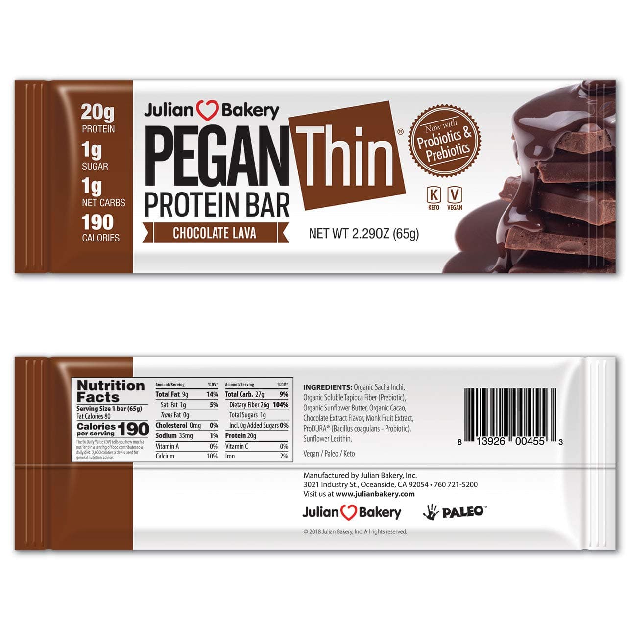 Julian Bakery Pegan Thin Protein Bar - Chocolate Lava (12 Bars, 2.29 oz ...