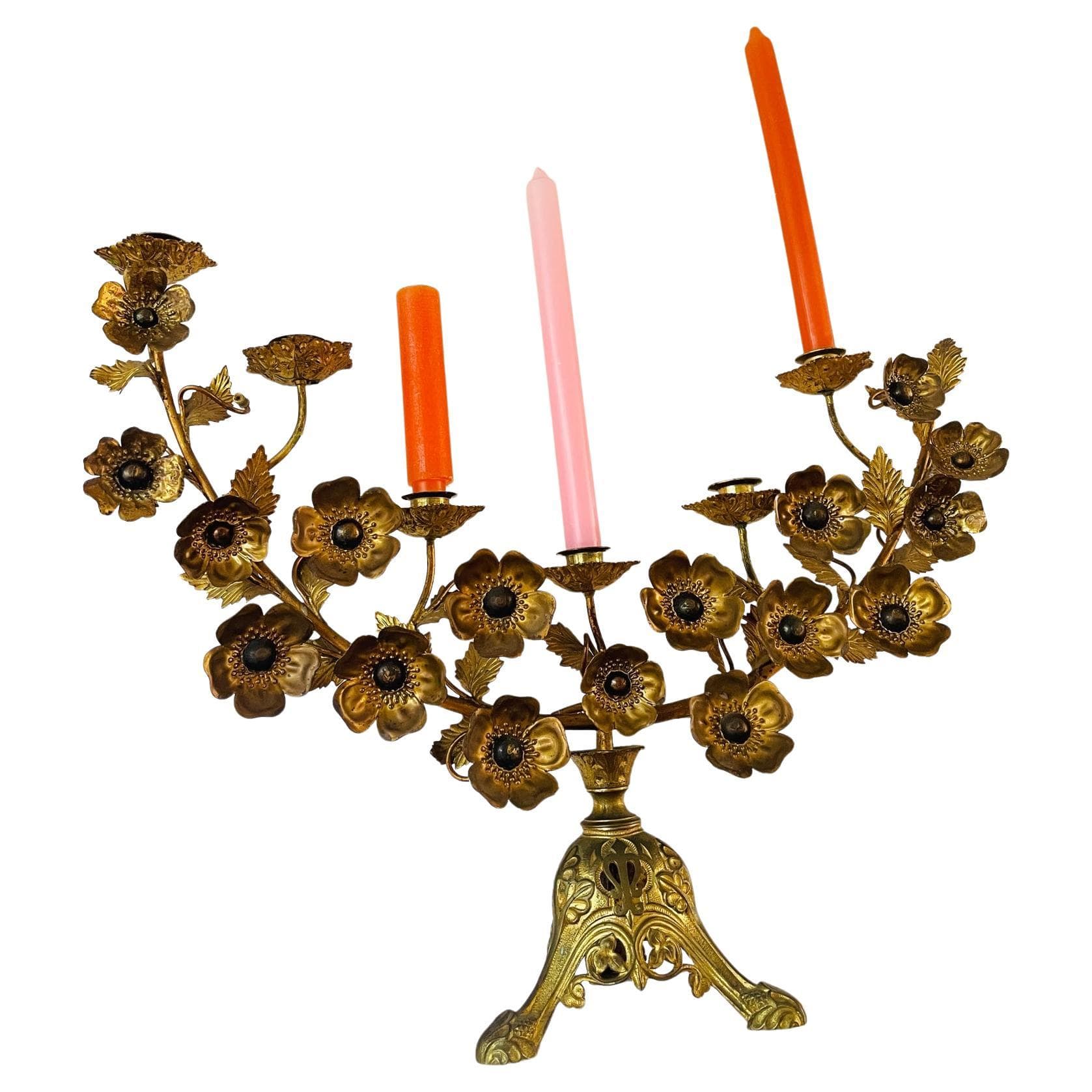 Antique brass candle holder. Brass flowers candelabras. Art nouveau ...