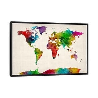 iCanvas "Watercolor Map of the World III" by Michael Tompsett Framed ...