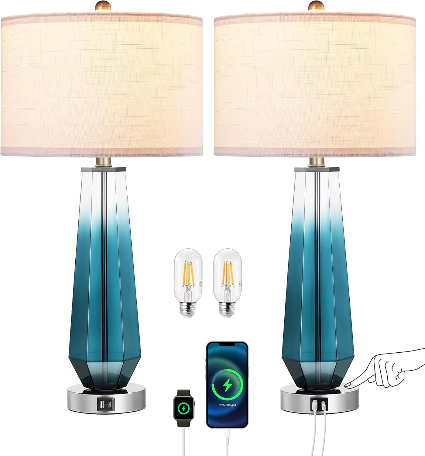 Everly Quinn Modern Glass Table Lamps Set Of 2, Touch Control Bedside ...