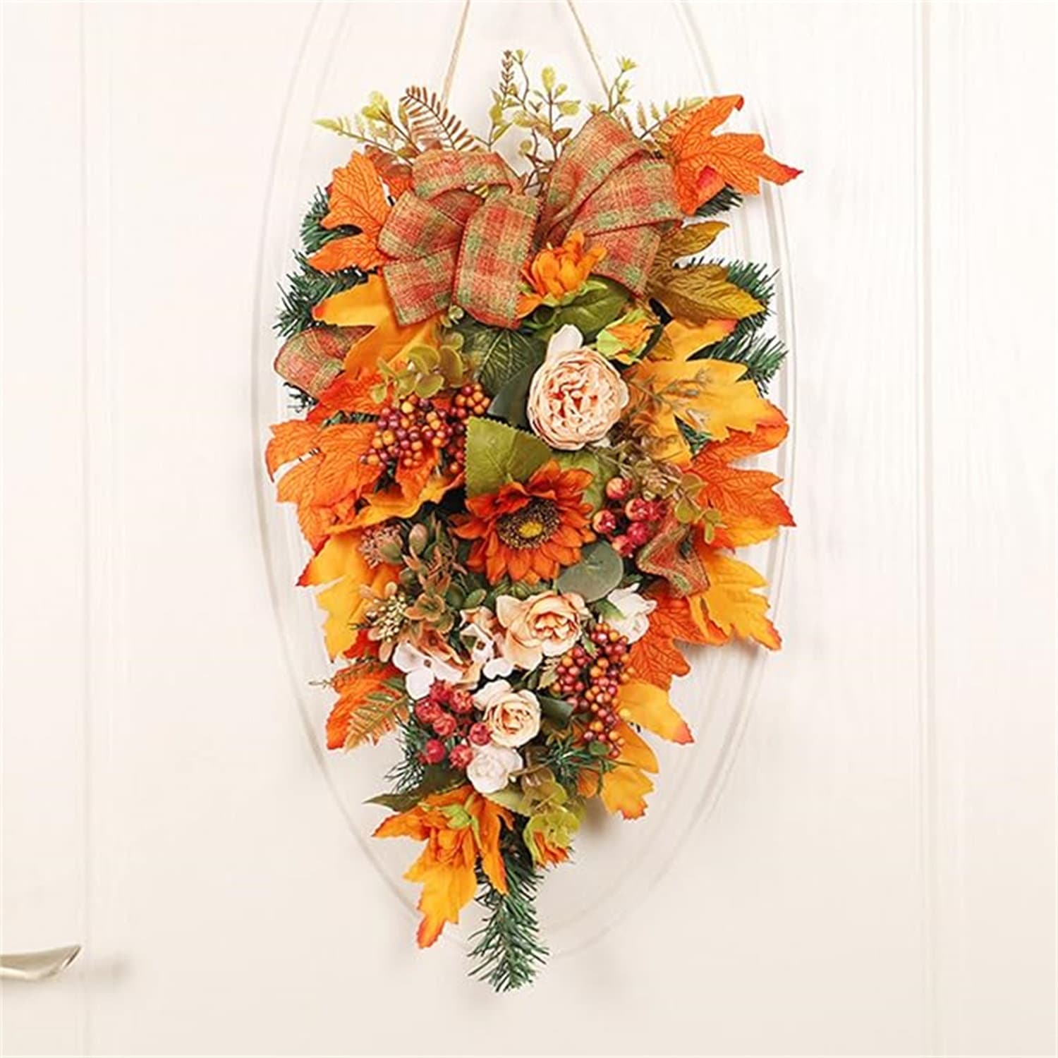Primrue 21.7Inch Artificial Fall Harvest Teardrop Swag For Front Door ...