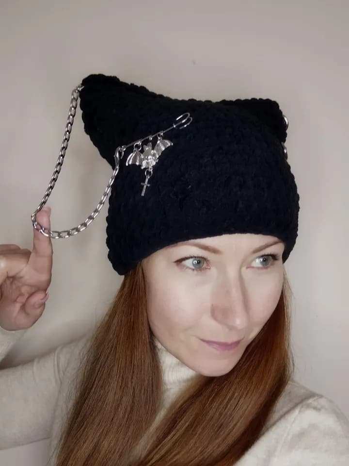 Black cat ear beanie crochet. Gothic hat with cat ears. Halloween hat ...