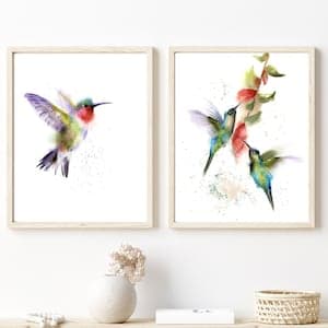 Set of 2 Hummingbird Art Prints, Watercolor Paintings, Flying ...