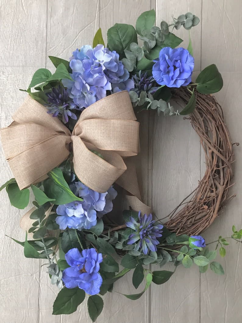 Blue Rose and Hydrangea Spring Summer Coastal Beach Front Door Wreath ...