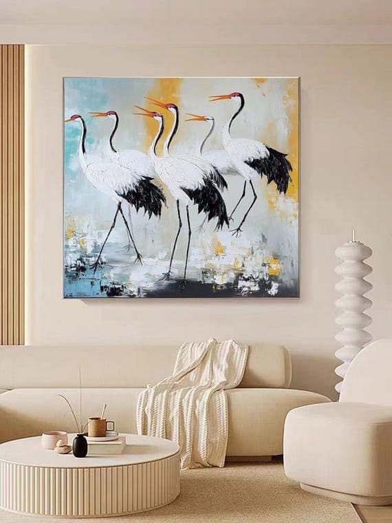 Original Cranes Painting on Canvas ,bird Animal Painting, Living ...