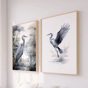 Modern Set of 2 INDIGO HERON Wildlife POSTERS, Set of Two Wall Art ...