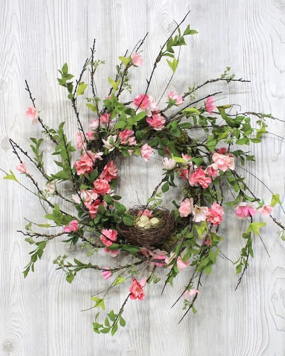 Light & Airy Cherry Blossom Wreath with Bird Nest, Spring Wreath ...
