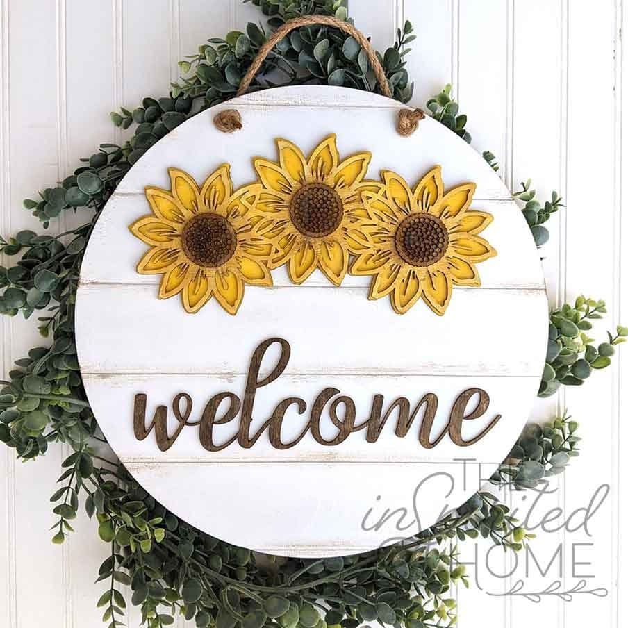 Welcome Sunflower Door Hanger Summer Welcome Sign Front Door Hanger ...