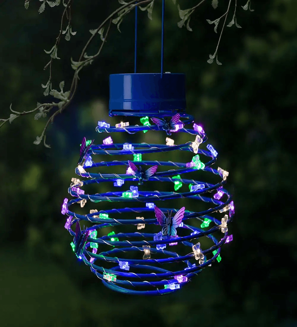 Hanging Spring-Coil Solar Lantern with Butterfly LEDs | Plow & Hearth