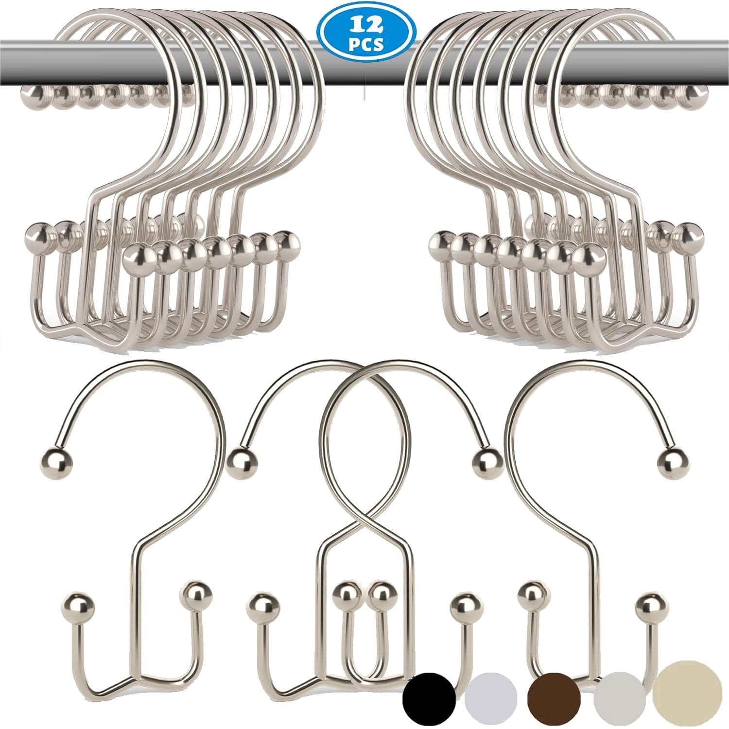 TABGIME Shower Curtain Hooks, Rustproof Metal, Double Glide Design ...