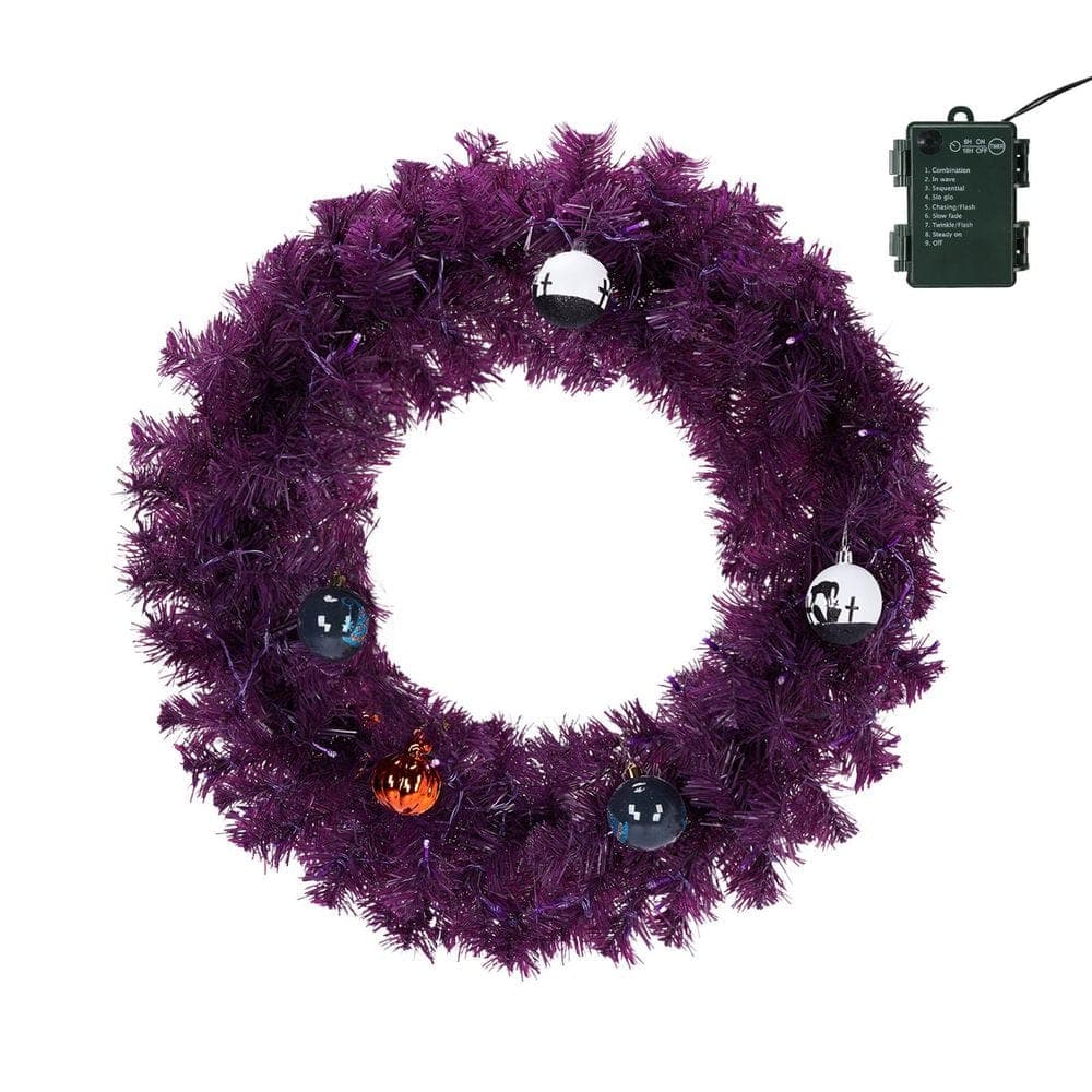 Karl home 24 in. Purple Pre-Lit Artificial Halloween Wreath with Purple ...