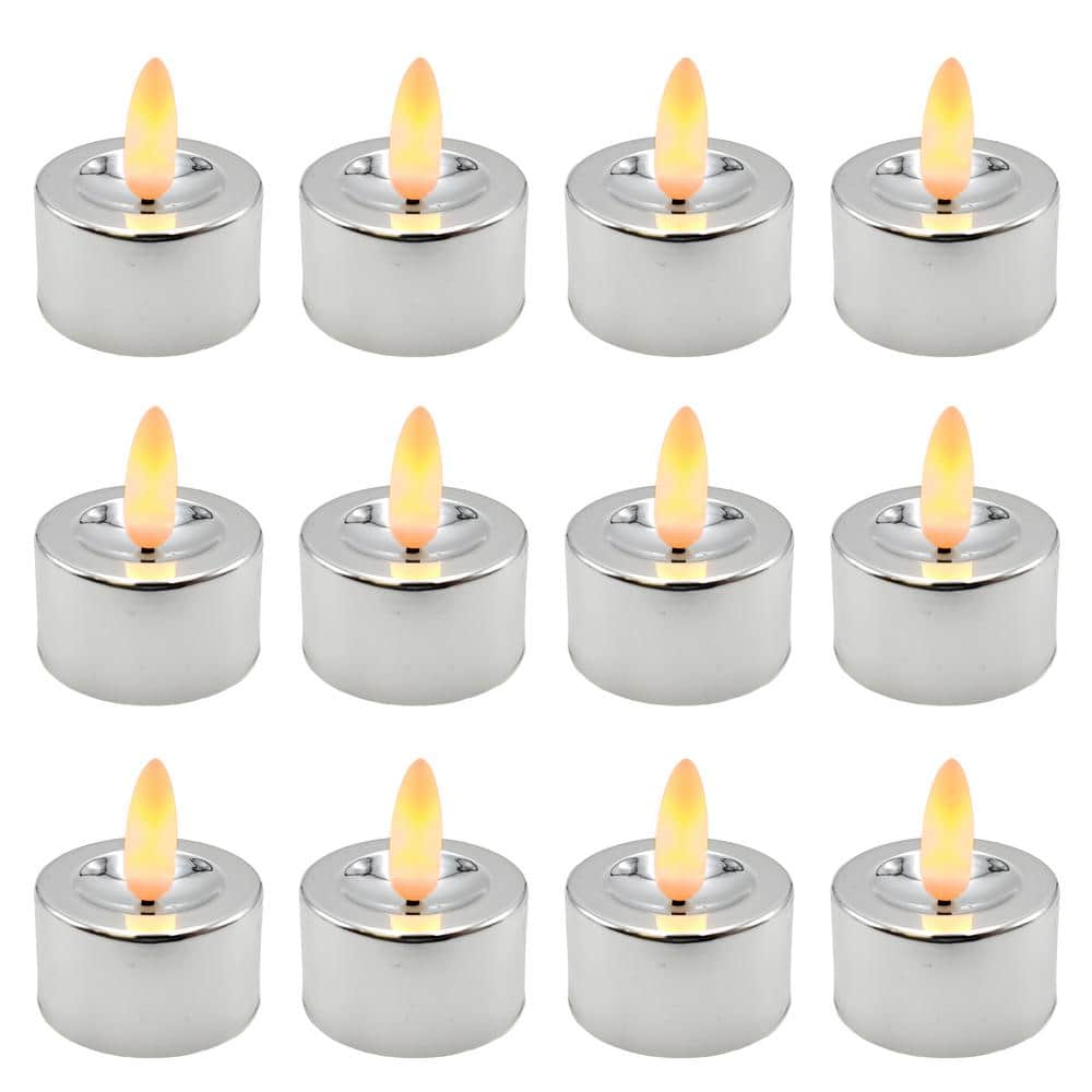 LUMABASE Battery Operated 3D Wick LED Tea Lights, Silver - Set of 12 ...