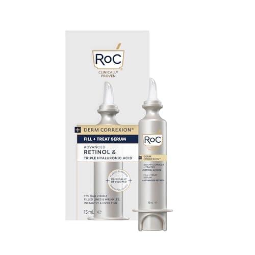 RoC Derm Correxion®️ Fill + Treat Advanced Retinol Serum, Wrinkle Filler Treatment with Hyaluronic Acid for Forehead Wrinkles, Crow's Feet, Eleven Wrinkles, and Laugh Lines, 15ML, White