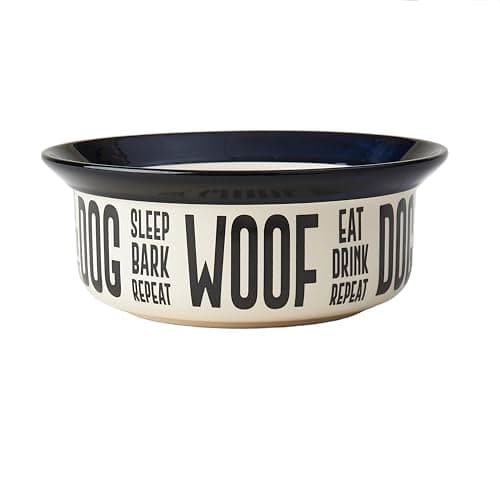 PetRageous 17001 Eat Drink Repeat Two-Tone Stoneware Dishwasher Safe Dog Bowl 4-Cup 8.18-Inch Diameter 3-Inch Tall for Medium and Large Dogs and Cats, Off-White, (Pack of 1)