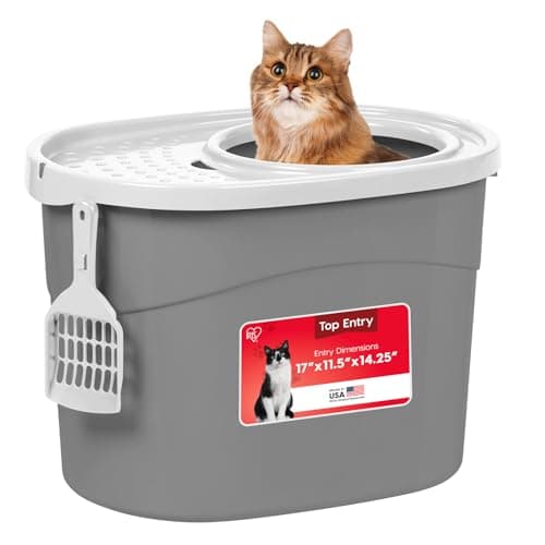 IRIS USA Top Entry Cat Litter Box with Scoop - Large - Stylish Enclosed Round Oval Kitty Dog Proof Box, Litiere Pour Chat Bac - White/Beige