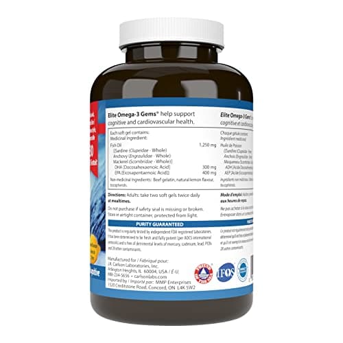 Carlson - Elite Omega-3 Gems, 3200 mg Omega-3 Fatty Acids Including EPA and DHA, Norwegian, Wild-Caught Fish Oil Supplement, Sustainably Sourced Omega 3 Fish Oil Capsules, Lemon, 90+30 Softgels