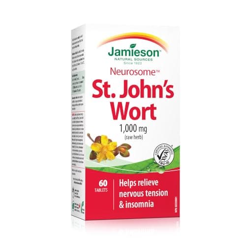 Jamieson St. John's Wort 1,000 mg, Neurosome, Calming, and Helps Relieve Nervousness. Non-GMO, Gluten-Free, 60 Tablets, Proudly American