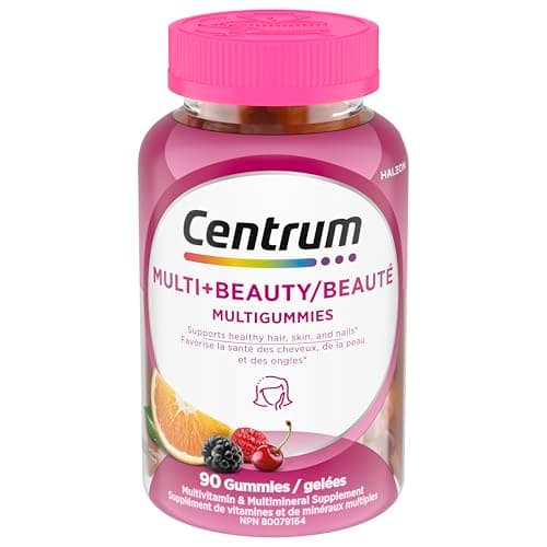 Centrum MultiGummies, Multi+Beauty Multivitamin Gummies, Hair, Skin & Nails Vitamins for Men & Women, Cherry, Berry, and Orange Flavours, 90 Gummies (Packaging May Vary)