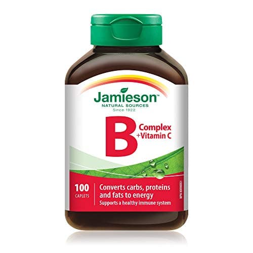 Jamieson Vitamin B Complex and Vitamin C 500 mg, with Folate for Cellular Health, Supports Energy Production, Metabolism, and Immune Health. Vegetarian, Gluten-Free, 100 Caplets, Proudly American