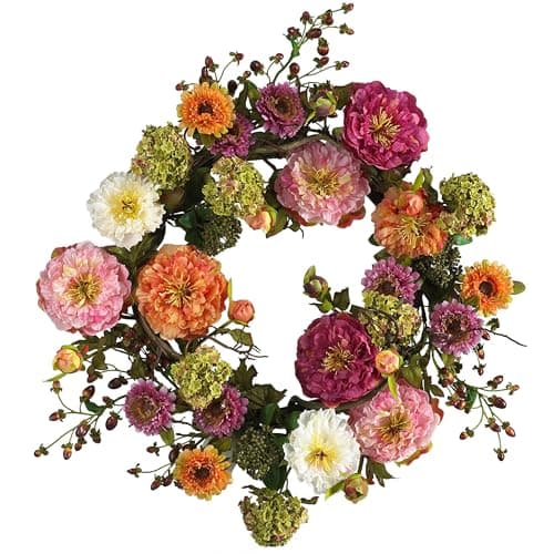 Nearly Natural 24-Inch Peony and Berry Wreath Door Hanger