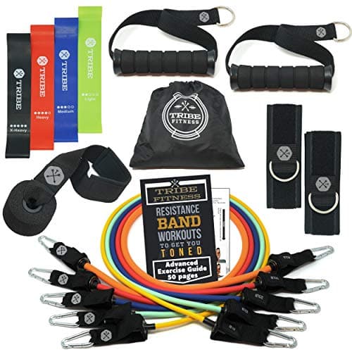 TRIBE 11PC Premium Resistance Bands Set, Workout Bands - with Door Anchor, Handles and Ankle Straps - Stackable Up To 105 lbs - For Resistance Training, Physical Therapy, Home Workouts, Yoga, Pilates