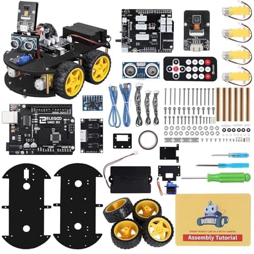 ELEGOO UNO R3 Project Smart Robot Car Kit V4 with UNO R3, Line Tracking Module, Ultrasonic Sensor, IR Remote Control etc. Intelligent and Educational Toy Robotic Kit for Arduino Learner