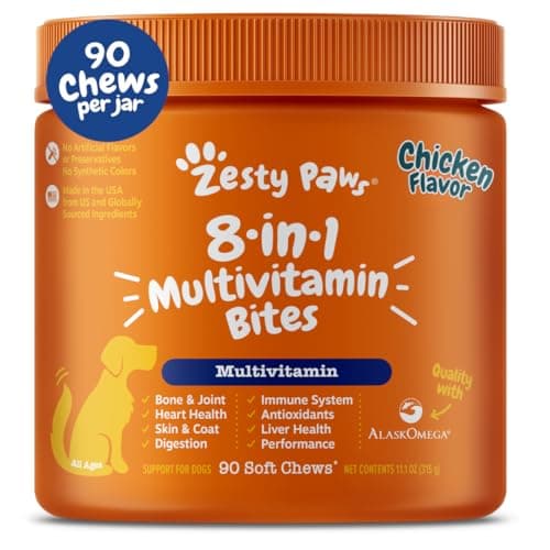 Zesty Paws 8-in-1 Dog Multivitamin Chewables - Digestive & Immune Support Dog Supplements - Support Skin, Heart & Liver Health - Peanut Butter Flavour - 90 Count