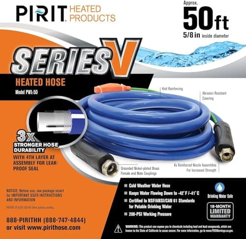 PIRIT Heated Water Hose for RV, Farm & Home - Thermostat Controlled -40°F Freeze Protection - Drink Water Safe - 5/8 Hose 50 Feet