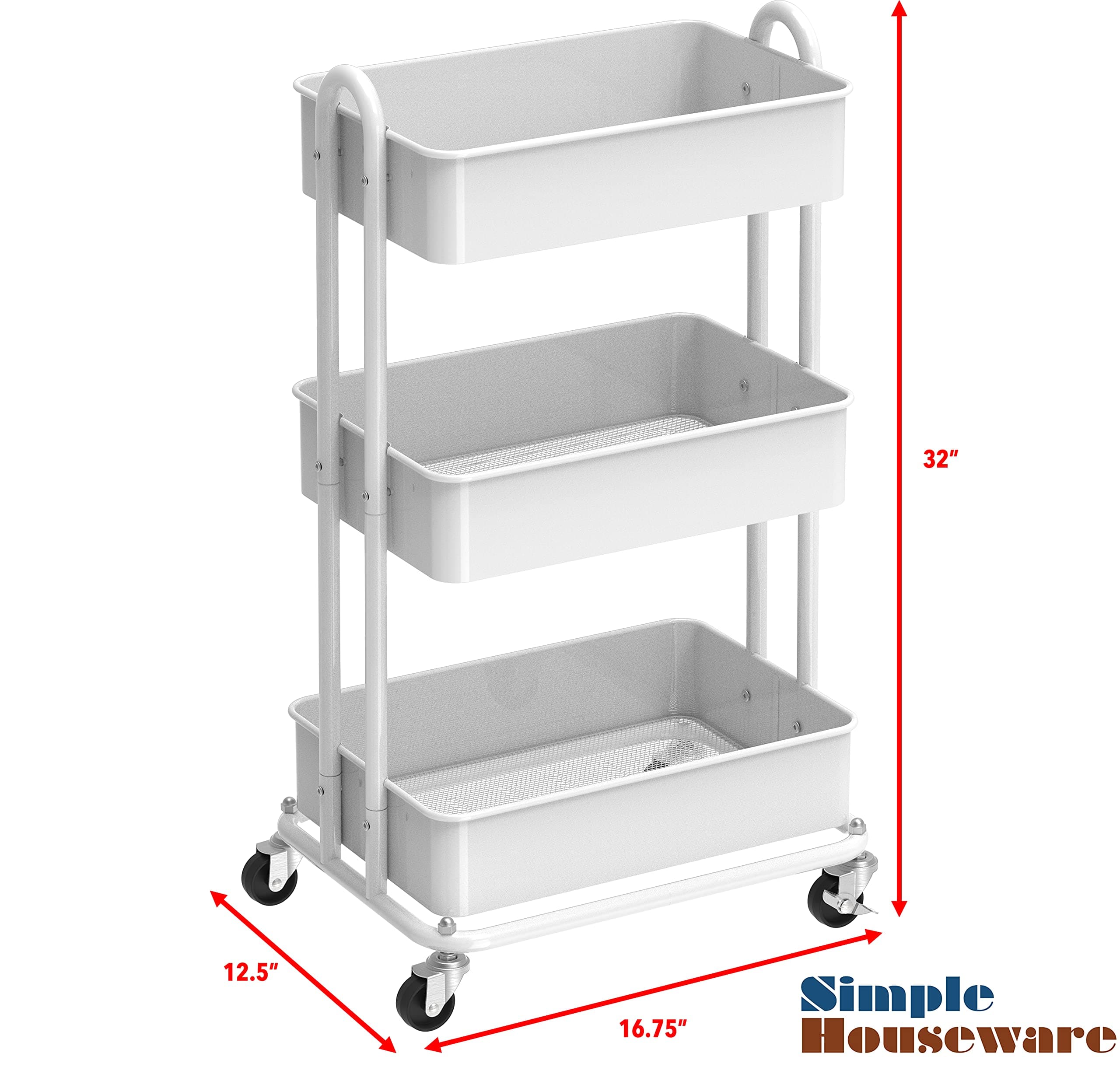 SimpleHouseware Heavy Duty 3-Tier Metal Utility Rolling Cart, White