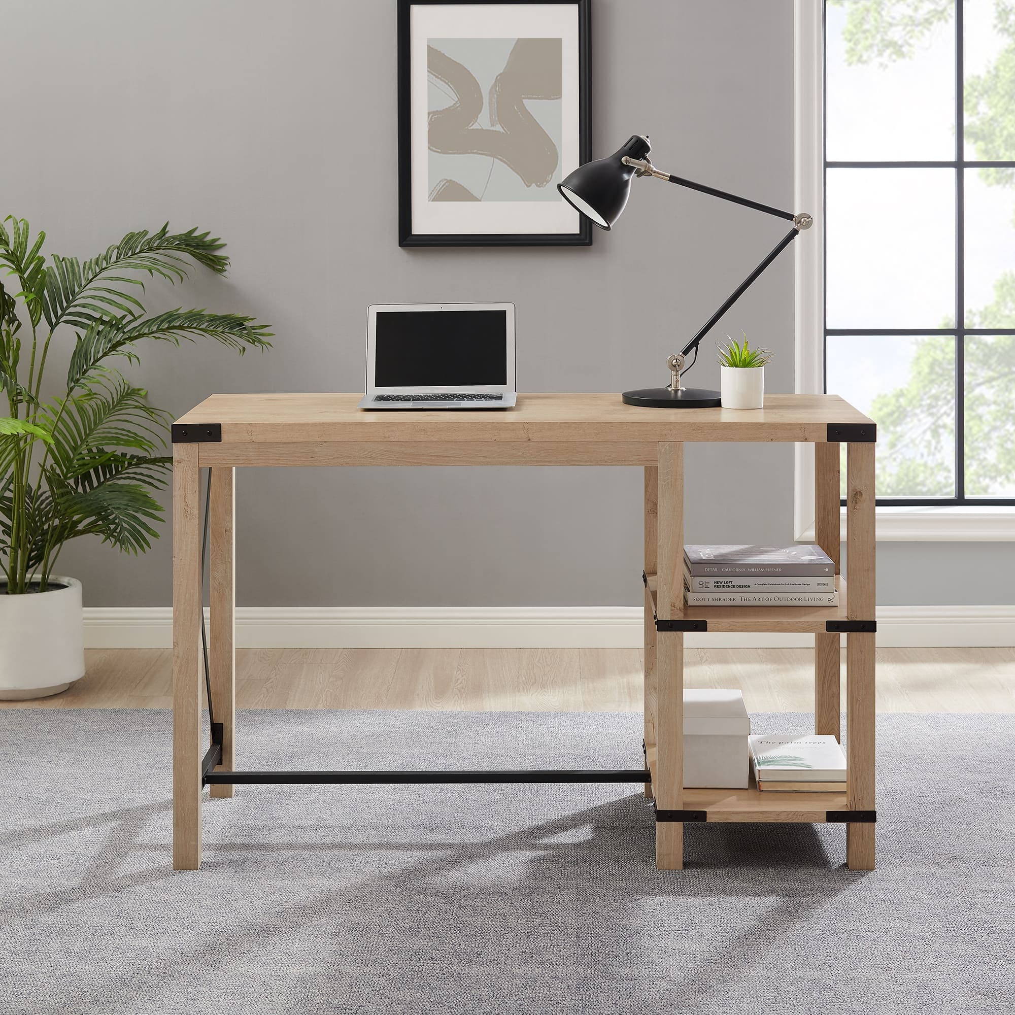 Walker Edison - Modern Farmhouse Metal and Wood Desk - White Oak ...