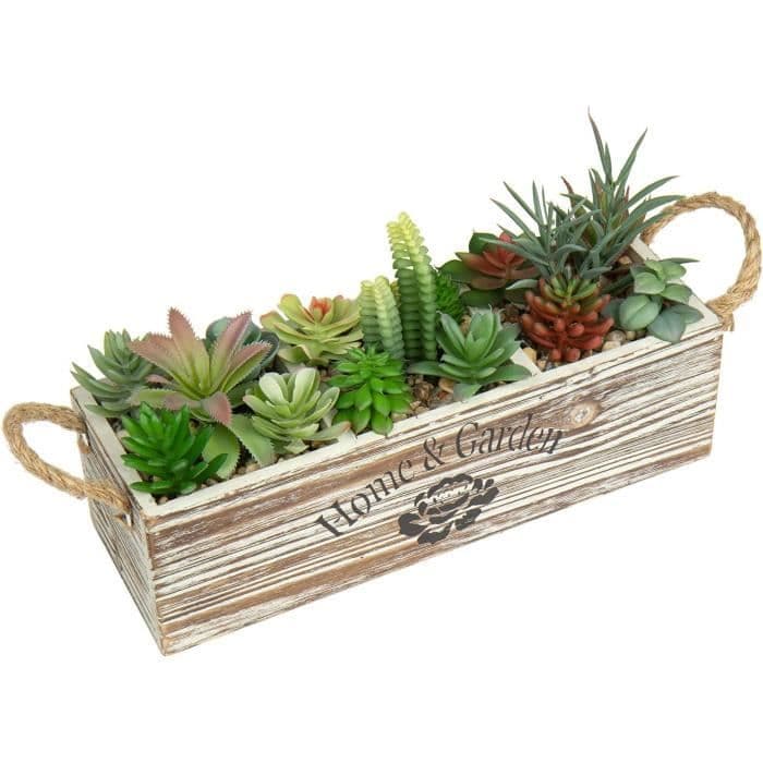 18 Plantes succulentes artificielles avec jardinière en Bois Vintage ...