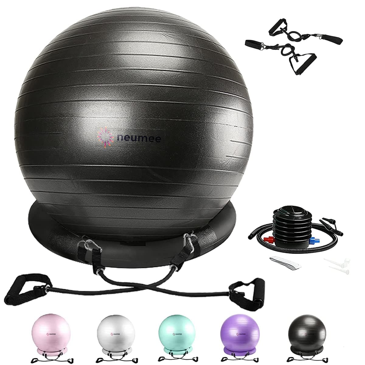 NEUMEE Exercise Ball Chair with Resistance Bands - Large 65cm Black ...