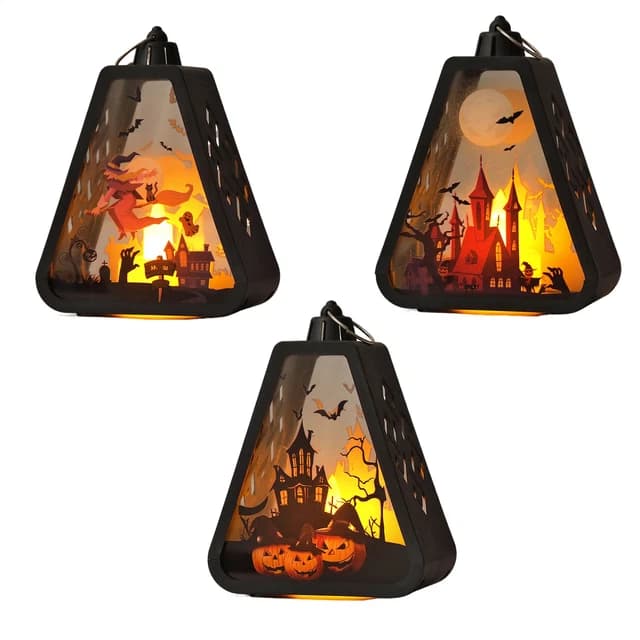 SMALL HALLOWEEN LANTERN Lights Tabletop Witch Pumpkin Castle Lantern ...